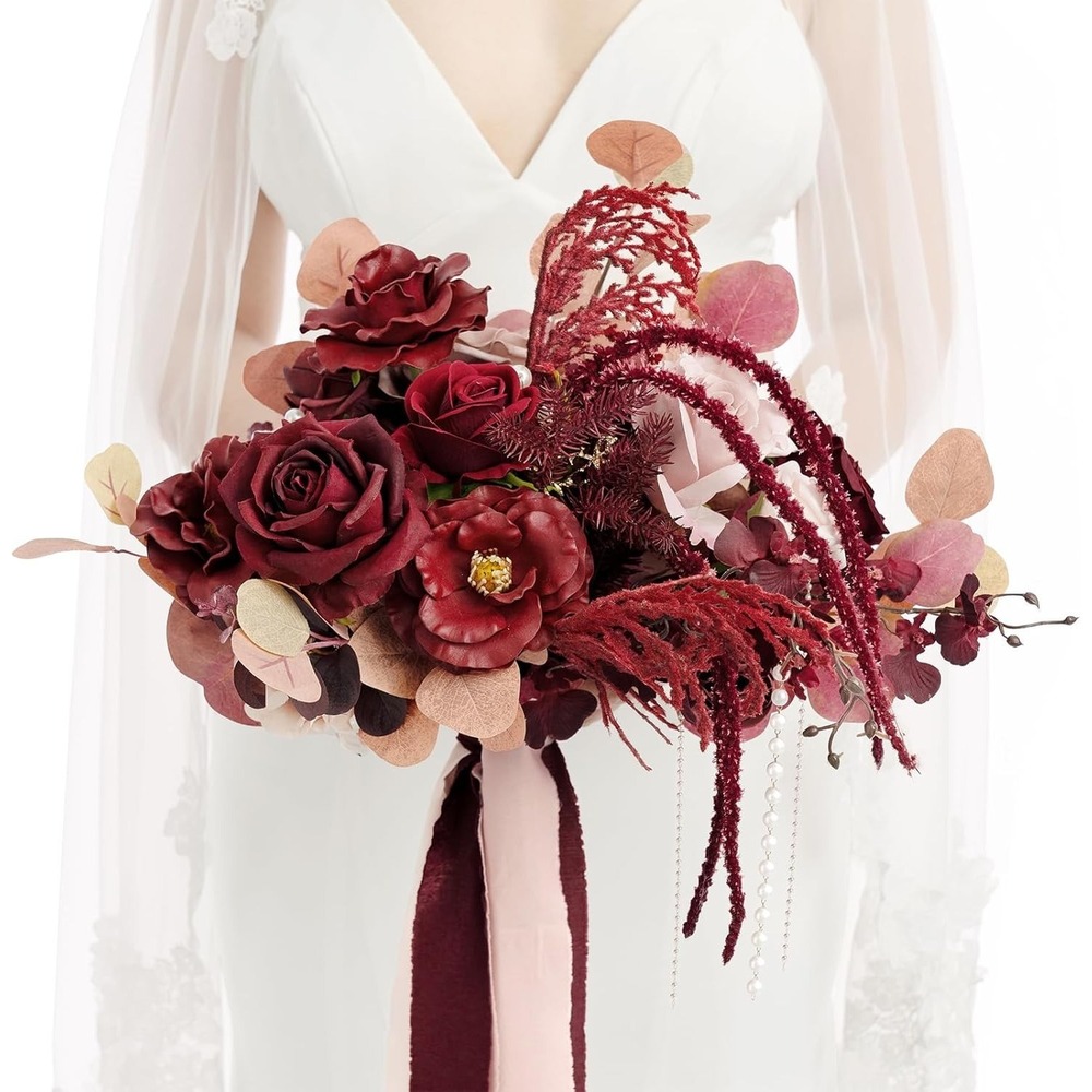 Ling's Moment 11" Black and Dusty Rose Wedding Bouquets for Bride - NO RIBBON